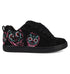 The Women’s Court Graffik Day Of The Dead sneaker from DC Shoes features a black upper decorated with vibrant sugar skull designs in pink, blue, and white on the side, inspired by the Día de los Muertos tradition. Part of the exclusive Day of the Dead Collection, this unique shoe includes black laces and a black sole.
