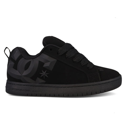 The Men’s Court Graffik Beveled Shoes by DC Shoes are black skate shoes featuring black laces, a thick sole, and a prominent gray DC logo on the side for bold branding. They showcase a low-top design, puffy silhouette, and a convenient heel pull tab.