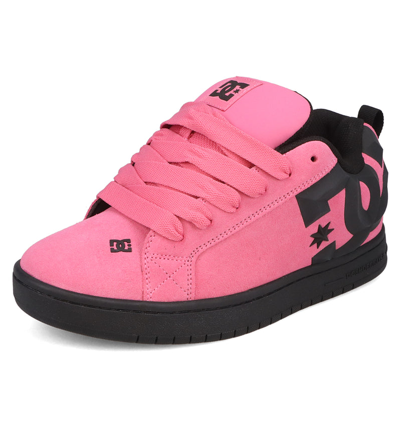 The DC Shoes Men’s Court Graffik Beveled Special Edition Shoes feature a pink colorway with thick laces, a black sole, and prominent black DC branding on the side. These sneakers showcase a puffy silhouette, black interior lining, and a low-cut profile inspired by the classic Court Graffik Beveled design.