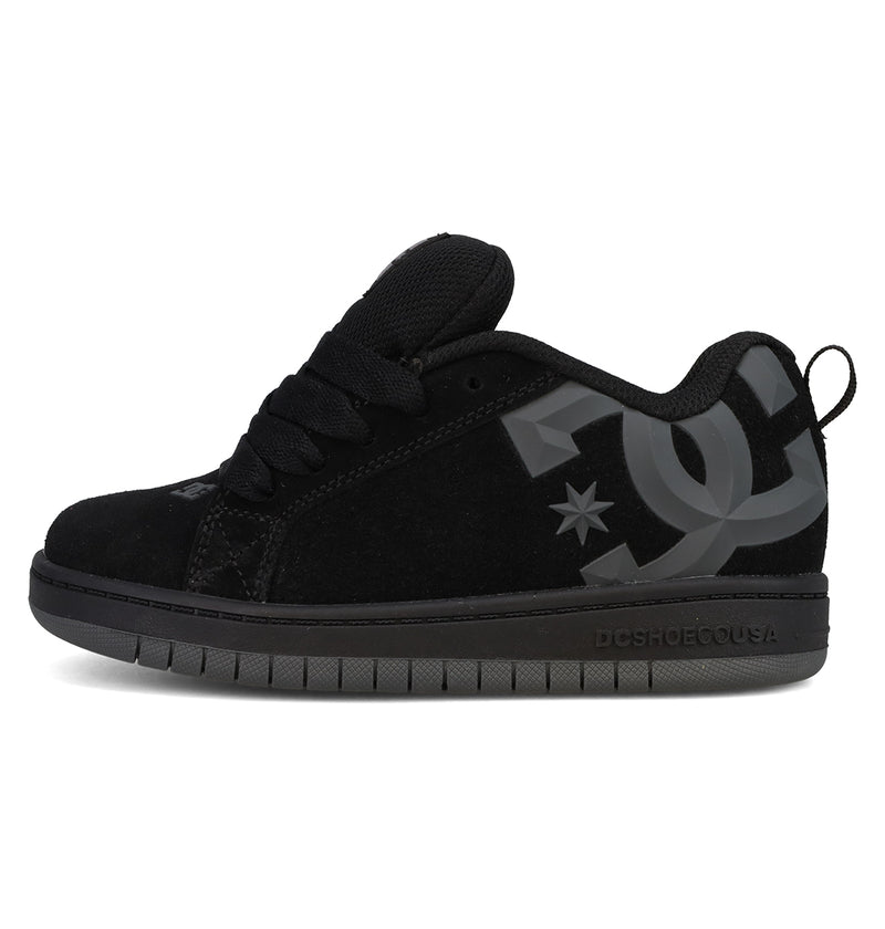 The DC Shoes Kids’ Court Graffik Beveled Special Edition features a puffy, low-profile black design with thick laces and a prominent gray DC logo on the side. Its subtly textured black sole includes DC branding near the heel, capturing the iconic Court Graffik Beveled style.