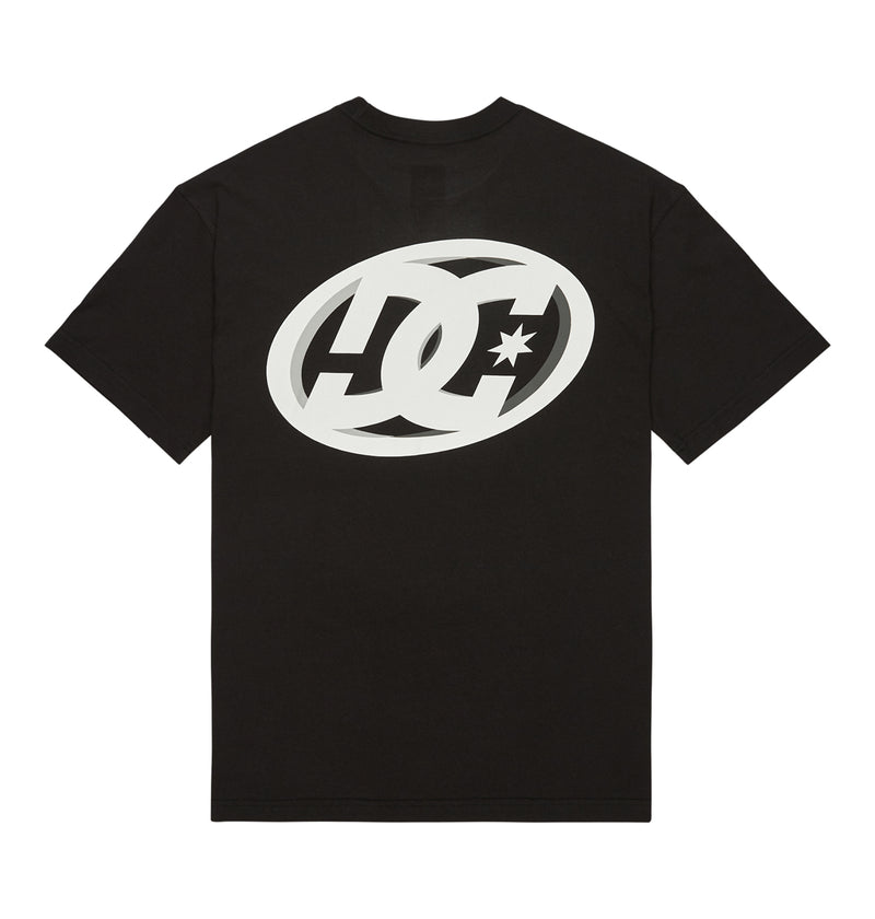 Fast Bubble Hss by DC Shoes: black T-shirt featuring a large white stylized DC logo in an oval on the back, with a star beside the "C".