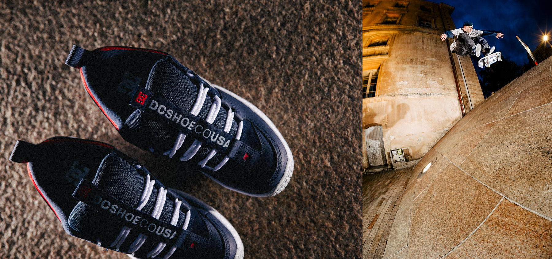 Pair of navy and red sneakers with white logo text on a textured surface, next to a scene of a person wearing the same shoes while skateboarding at night.