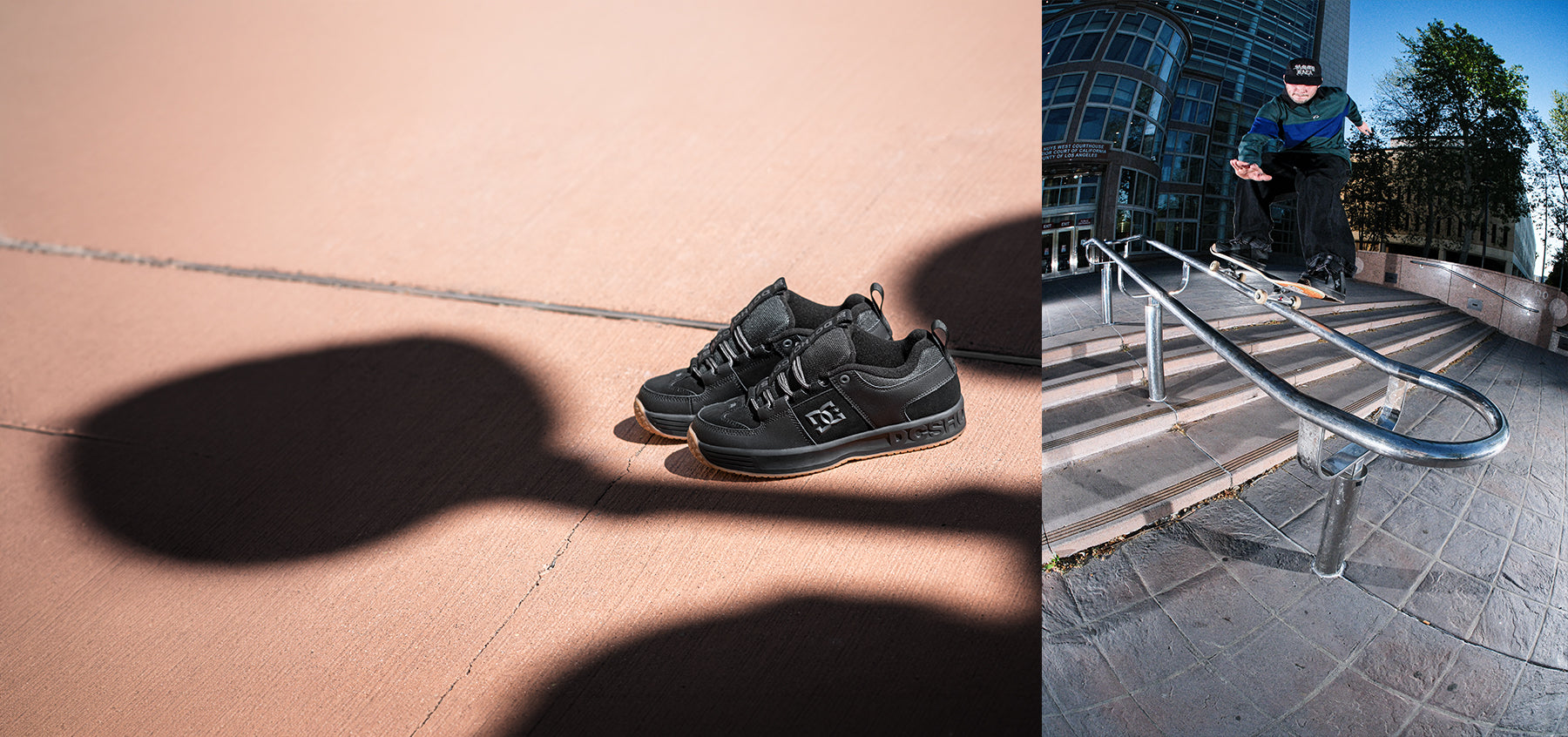 Collage of black sneakers on concrete next to skater performing trick on railing