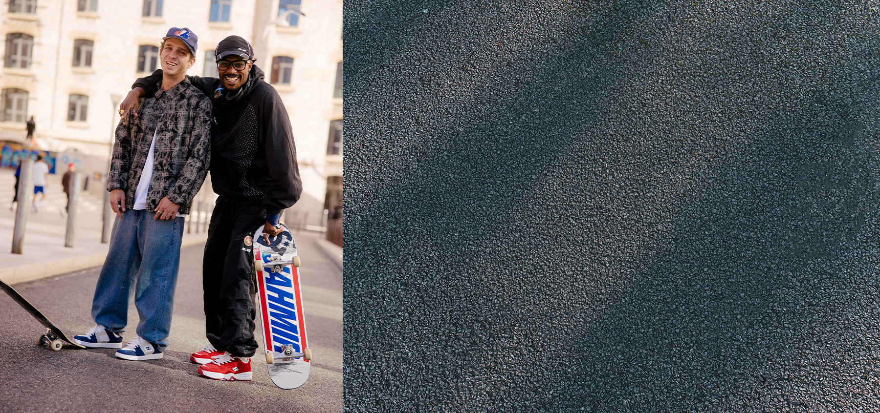 Two men standing on a street with one holding a skateboard, followed by a close-up of a textured black surface.