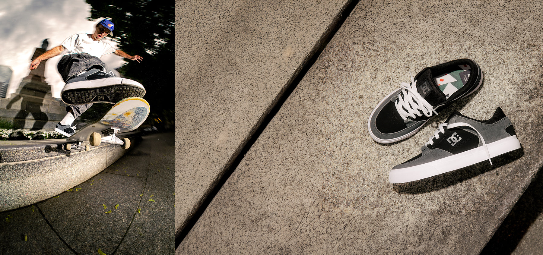 Skateboarder performing a trick with a close-up of black and white sneakers on concrete.