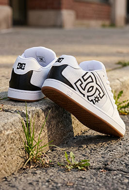 Pair of black and white sneakers with a logo on a stone surface.