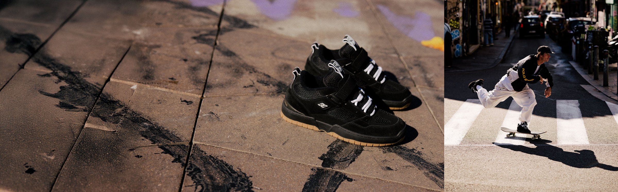 Black sneakers with white stripes on a textured surface, followed by a person skateboarding on a city street.
