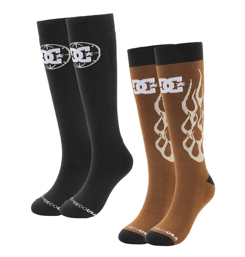 The DC Shoes Performance Socks 2-Pack includes a black pair with a white DC logo and a brown pair with white flames and DC logo at the top; both feature “DC SHOES CO USA” on the toes.