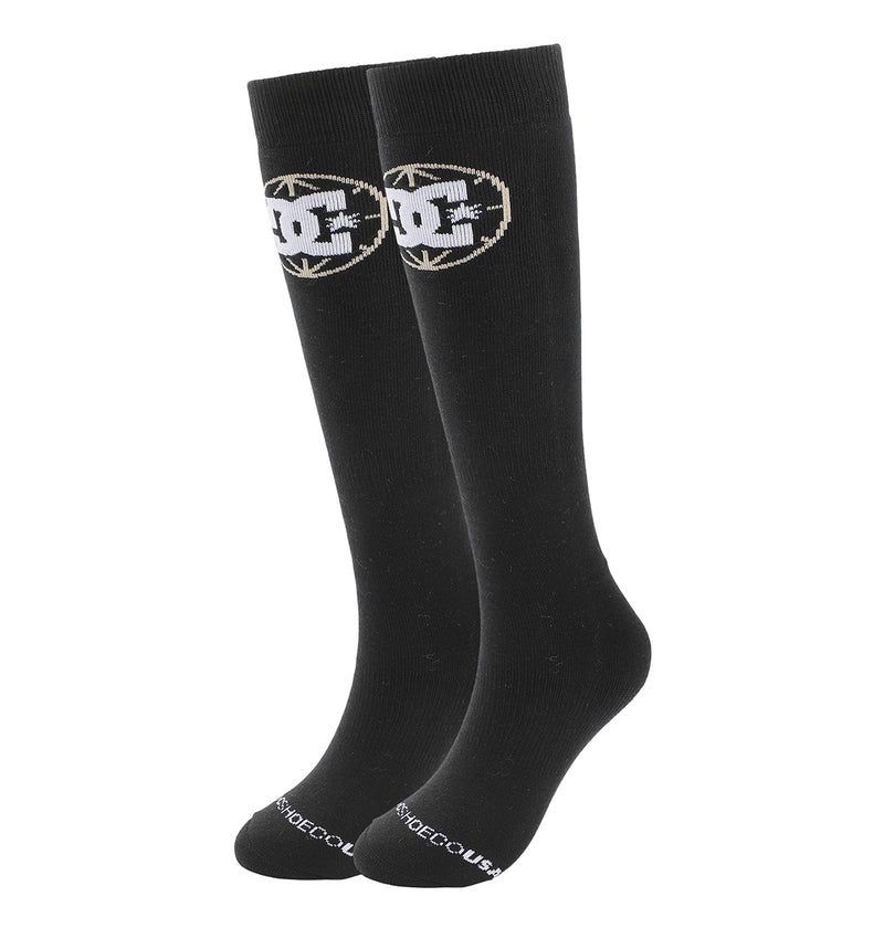 The DC Shoes Performance Socks 2-Pack includes black knee-high socks with a white DC logo near the top and "DCSHOECOUSA" in white across the toes.