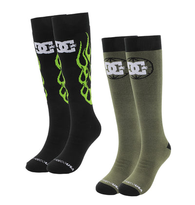 The DC Shoes Performance Socks 2-Pack includes one pair of black knee-high socks with neon green flames and a white DC logo, and one olive green pair with a bold black and white DC logo. Both feature black cuffs, heels, and toes.