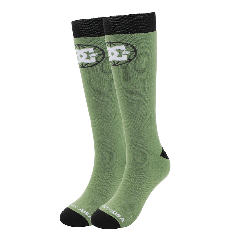 DC Shoes Performance Socks 2-Pack: Green knee-high socks with black toes, heels, and cuffs, a white and black circular logo near the top, and white text by the toes.