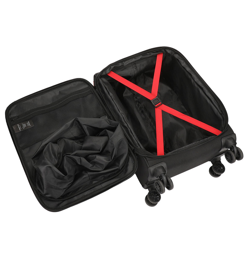 The DC Shoes DC Runner Carry-On is an open black suitcase with four wheels, red cross straps in the main compartment, and a zippered mesh pocket on the left side of the lid.