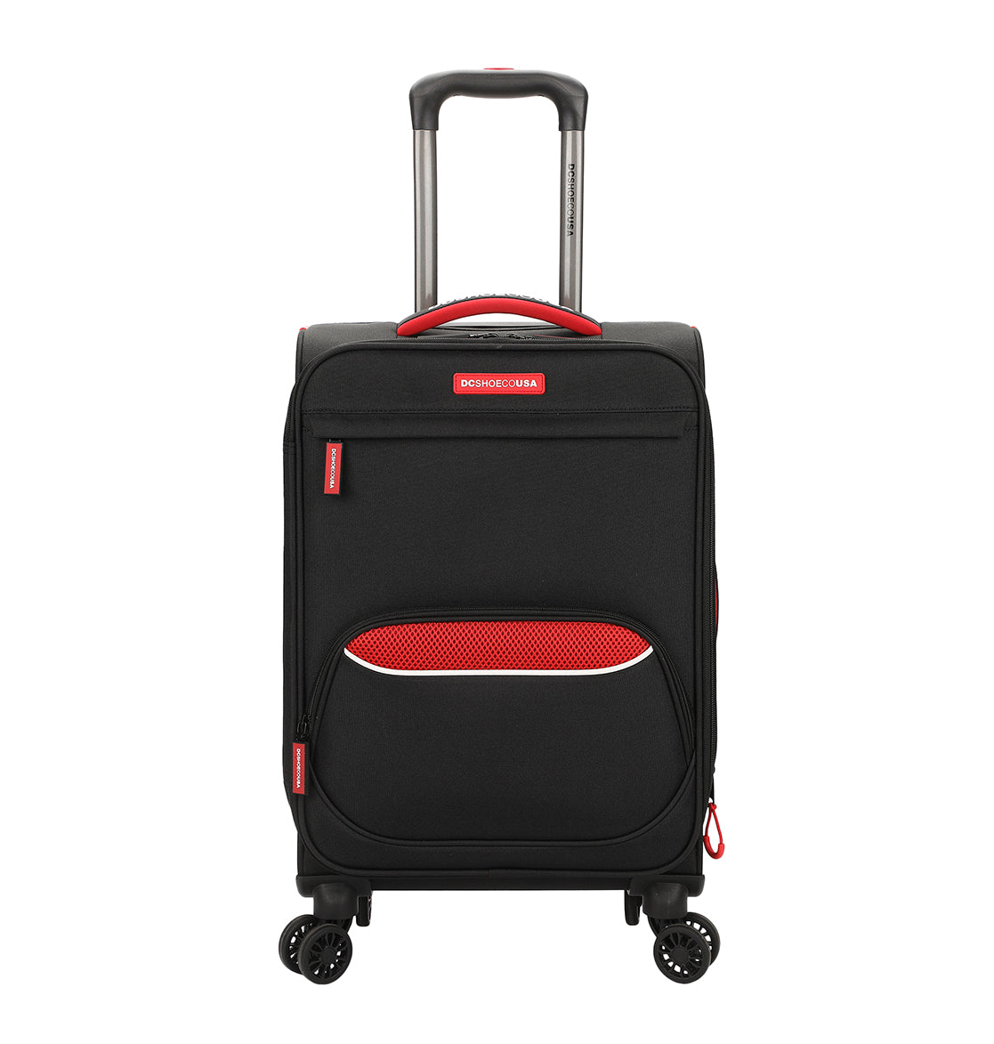 The DC Shoes DC Runner Carry-On is a black soft-shell suitcase with red accents, four spinner wheels, a zippered front pocket, and an extended telescopic handle.