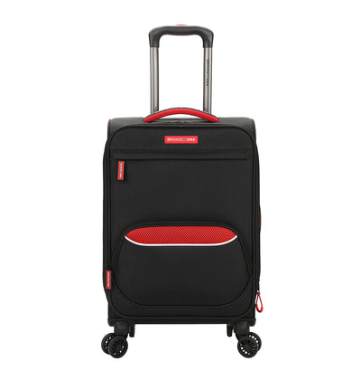 The DC Shoes DC Runner Carry-On is a black soft-shell suitcase with red accents, four spinner wheels, a zippered front pocket, and an extended telescopic handle.