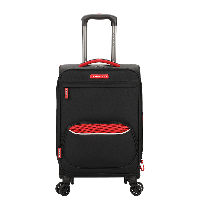 The DC Shoes DC Runner Carry-On is a black soft-shell suitcase with red accents, four spinner wheels, a zippered front pocket, and an extended telescopic handle.
