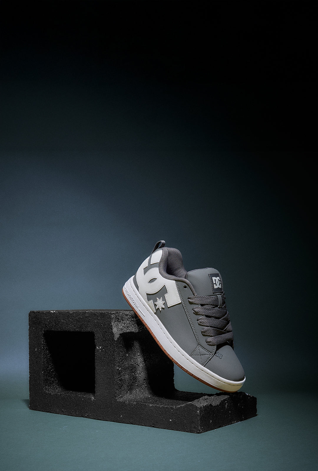 Gray sneaker with a DC logo on a dark background