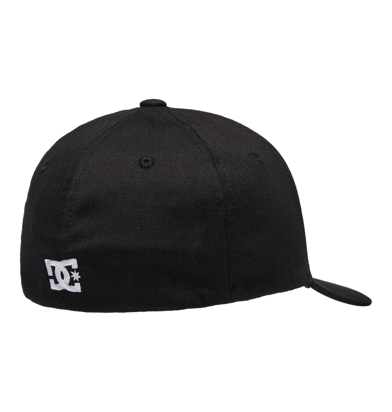 The Kids' Star 2 Cap by DC Shoes is shown from the back in black, featuring a small white embroidered DC logo on the lower left. This skate-inspired cap has a fitted design with no visible adjustments.