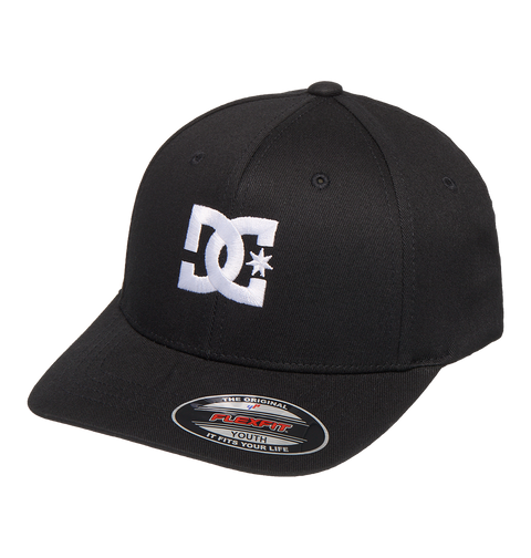 The DC Shoes Kids' Star 2 Cap is a black Flexfit youth hat with a curved brim, skate-inspired style, bold white embroidered DC branding on the front, and a sticker on the brim.