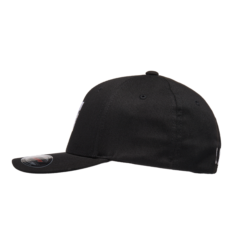 The DC Shoes Kids' Star 2 Cap, a black skate-inspired flat-bill Flexfit, is shown from the side on a white background with visible stitching and a round brim sticker.