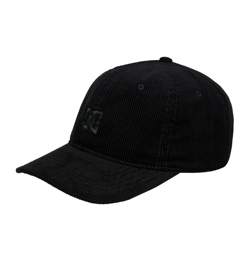 The Kids' DC Star Strapback Cap by DC Shoes is a black corduroy skate cap with a curved brim and subtle stitched DC branding on the front, shown against a plain white background.