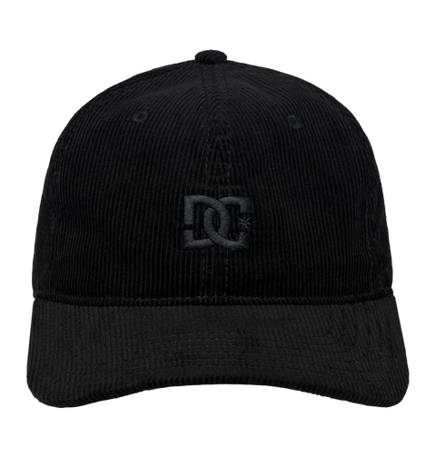 The Kids' DC Star Strapback Cap by DC Shoes is a black corduroy skate cap with a curved brim and an embroidered black DC Shoes logo on the front, shown against a plain white background.