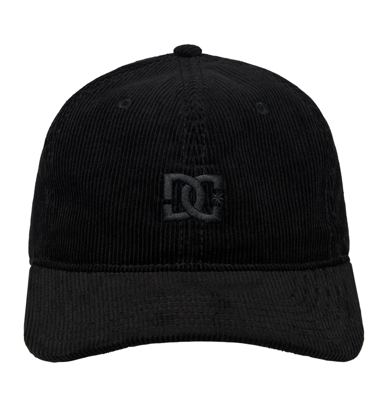 The Kids' DC Star Strapback Cap by DC Shoes is a black corduroy skate cap with a curved brim and an embroidered black DC Shoes logo on the front, shown against a plain white background.