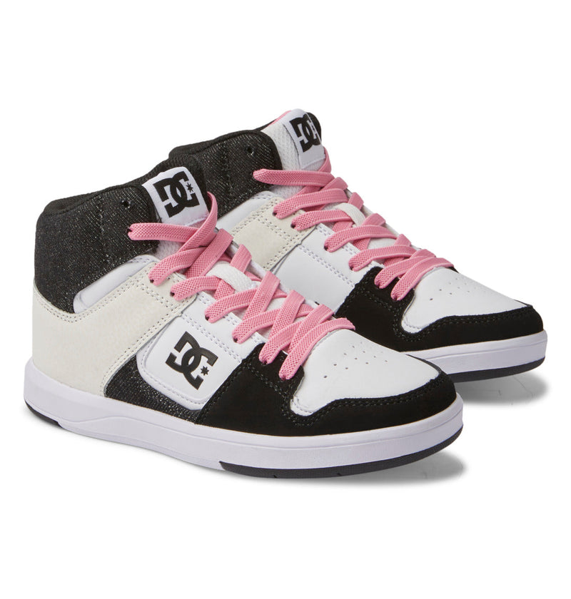 The DC Shoes Kids' Cure High-Top Shoes feature white, black, and dark gray panels, pink laces, DC logos on the tongue and side, plus an abrasion-resistant rubber outsole for durability.