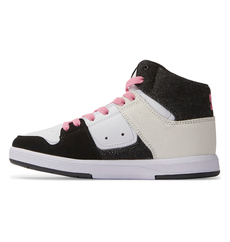 The Kids' Cure High-Top Shoes from DC Shoes feature a white and black upper, abrasion-resistant rubber outsole, pink shoelaces and heel accents, plus smooth and textured materials for stylish durability.