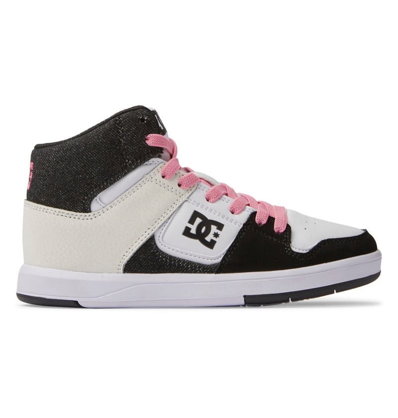 The Kids' Cure High-Top Shoes by DC Shoes feature a black and white design with pink laces, the DC logo on the side, and an abrasion-resistant rubber outsole, shown on a white background.