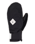 Black mitten featuring a white rectangular DC Shoes logo on the back, visible stitching, and a wide cuff. The Women’s Franchise Insulated Mittens are eco-friendly and provide excellent weather protection. Pictured against a plain white background with the thumb positioned to the right.