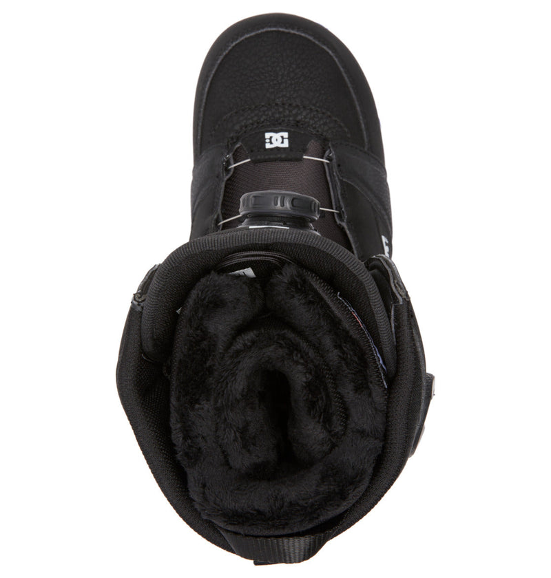Top view of the Women's Lotus BOA® Snowboard Boots by DC Shoes in black, featuring a plush R2 liner, Dual Zone BOA® Fit System, DC logo near the top, and a durable UNILITE outsole for high performance.