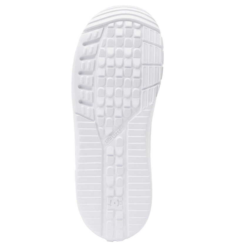 The Women's Lotus BOA® Snowboard Boots by DC Shoes feature a white sole with a textured, grid-like tread and horizontal grooves for traction, plus a durable UNILITE outsole for lightweight comfort.