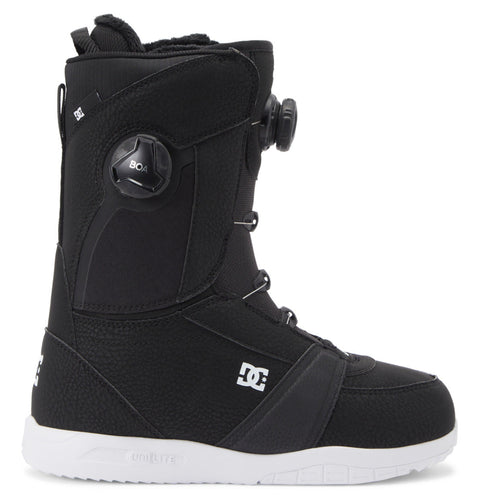 The DC Shoes Women's Lotus BOA® Snowboard Boots are black with a white UNILITE outsole, side BOA dial lacing system, and DC logo on the side, shown in profile facing right against a white background.