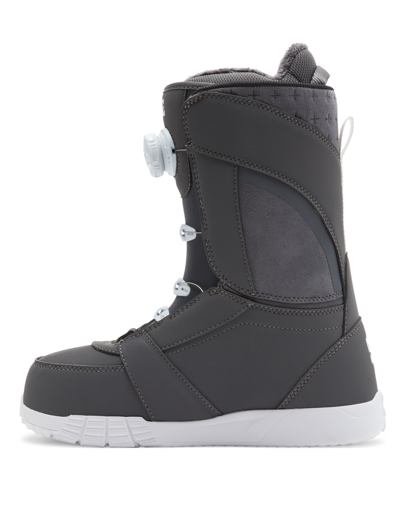The DC Shoes Lotus snowboard boot, shown in profile facing left, features a dark gray design with a white sole and a dial lacing system against a plain white background.