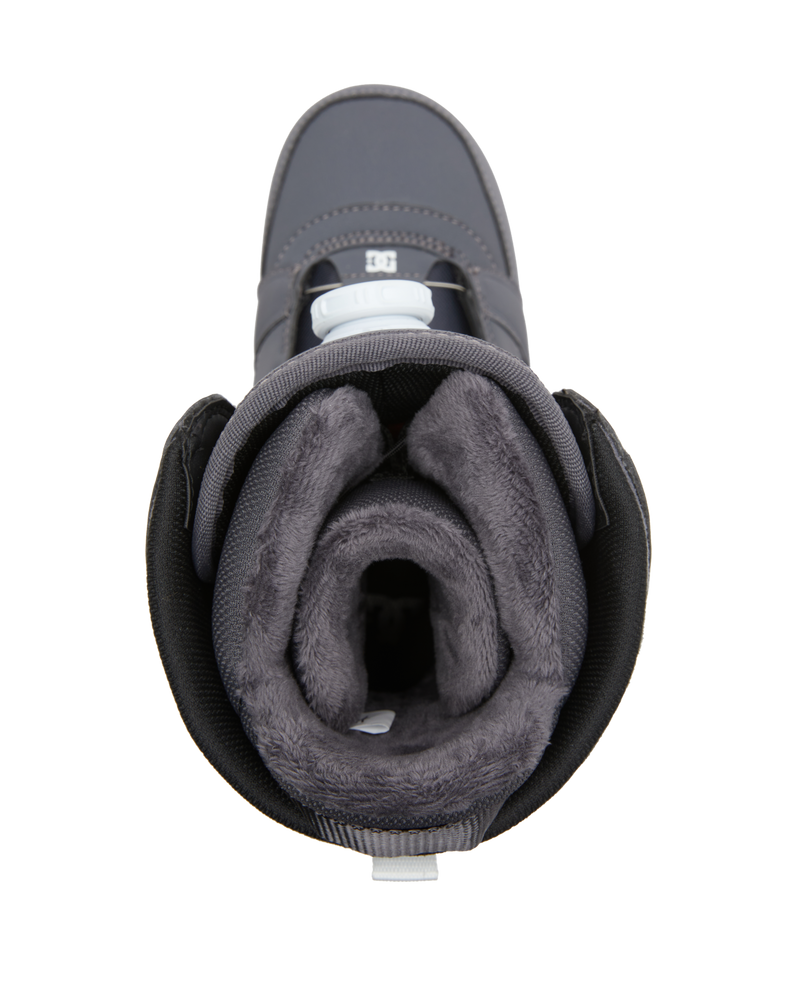 Top view of the DC Shoes Lotus boot in gray, featuring a plush dark gray lining and padded interior and tongue for warmth and comfort.