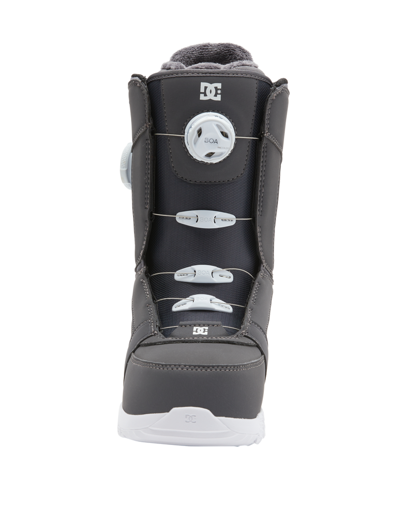 The DC Shoes Lotus snowboard boot, in black and gray with a BOA lacing system, is shown from the front against a white background.