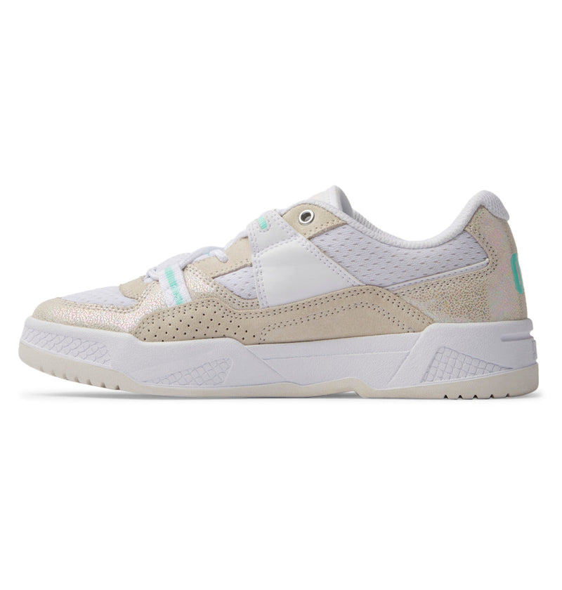 The Women's Construct Shoes by DC Shoes are stylish sneakers with a white and beige leather upper, light teal accents, perforated details, and a textured sole, shown in a side view against a plain white background.