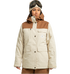 A person stands against a plain white background ready for any winter adventure, dressed in the DC Shoes Women’s Liberate Insulated Jacket—crafted from recycled polyester in beige and brown—paired with brown pants, a beanie, and ski goggles on their head.
