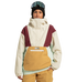 A person stands against a plain white background, ready for any outdoor adventure, wearing the DC Shoes Women’s Chalet Anorak Insulated Jacket—crafted from recycled polyester with beige, maroon, mint, and mustard colorblocking—paired with tan pants, a black beanie, and ski goggles.