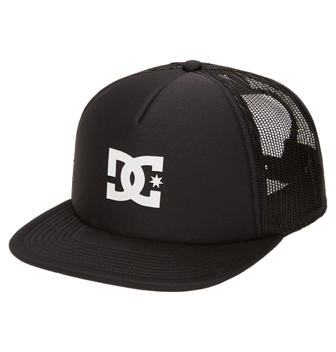 The DC Shoes Men's Gas Station Trucker Hat is black with mesh panels for breathability, a curved brim, and features the white DC Shoes logo on the front.