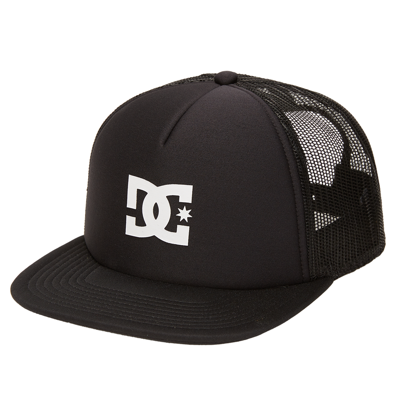 The DC Shoes Men's Gas Station Trucker Hat is black with mesh panels for breathability, a curved brim, and features the white DC Shoes logo on the front.