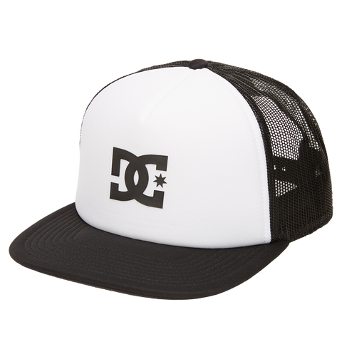 The Men's Gas Station Trucker Hat by DC Shoes features a black brim, white front panel with a bold black DC logo and star, and a breathable mesh back—delivering classic skateboarding style in black and white.
