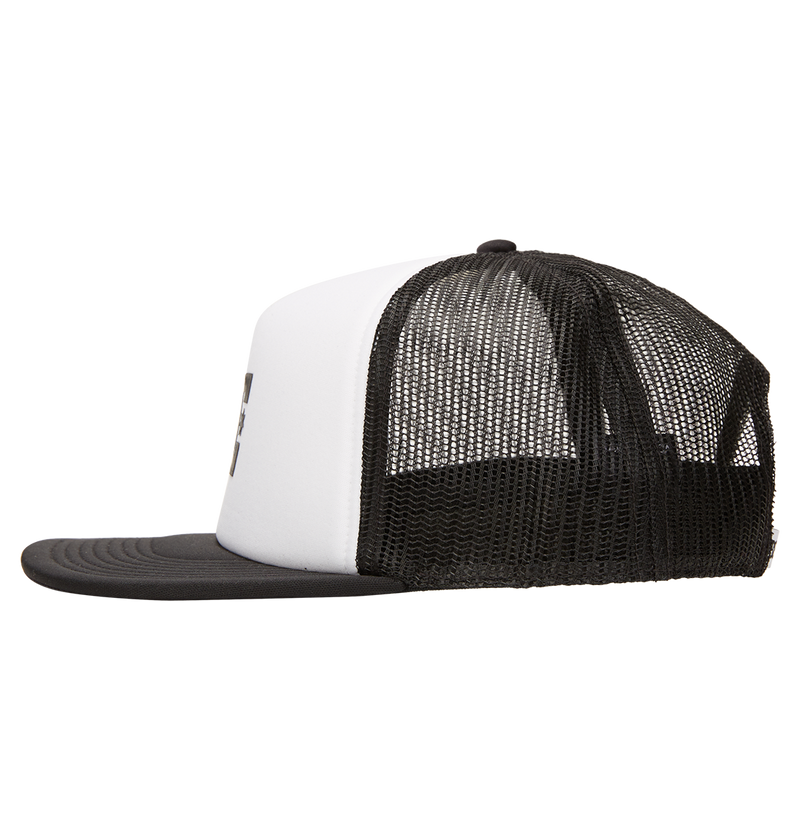 The DC Shoes Men's Gas Station Trucker Hat features a black bill, white front panel, and mesh back for breathability—perfect for skateboarding sessions.