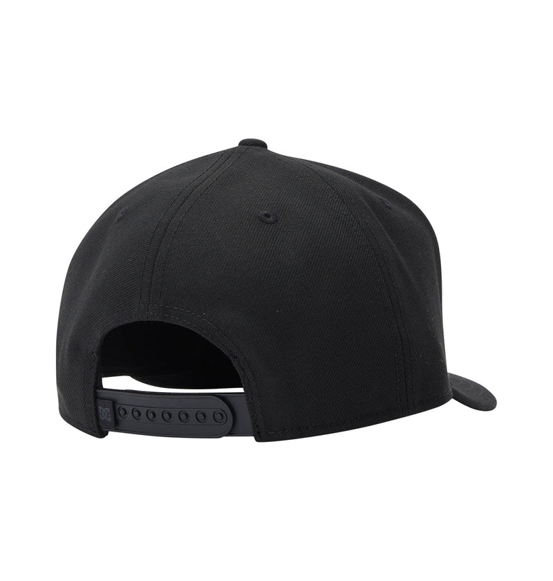 The DC Shoes DC Empire Snapback is a black baseball cap with a curved brim and adjustable plastic snapback closure, shown from the back against a white background.