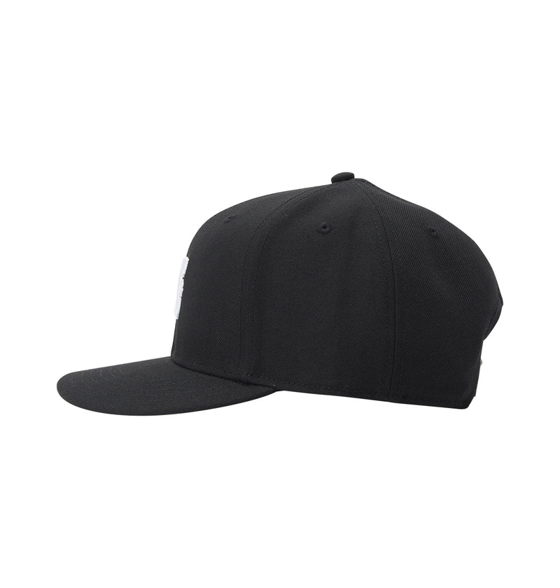 The DC Empire Snapback by DC Shoes is a black baseball cap with a flat brim, structured crown, visible stitching, and a small top button, shown in side view on a white background.
