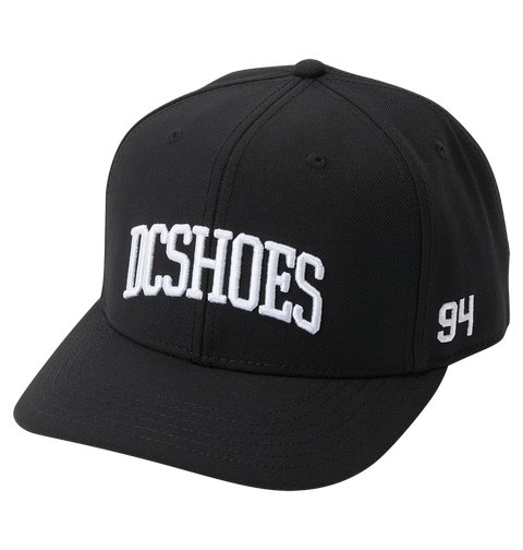 The Men's Semi-Pro Snapback by DC Shoes features a black design with bold white DCSHOES embroidery on the front, the number 94 stitched on the side, and an adjustable fit for comfort.