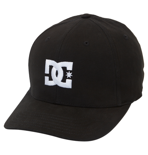 The Men's DC Cap Star by DC Shoes is a black skate cap with a curved brim, featuring bold DC branding and a white embroidered star on the front.