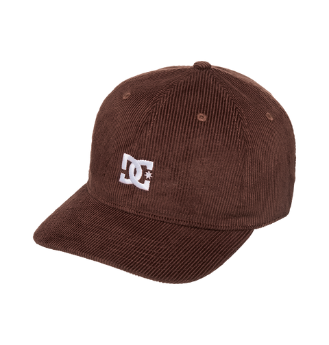 The Men's DC Cap Star Strapback by DC Shoes features brown corduroy, a curved brim, and a white embroidered DC logo on the front. Shown against a white background.