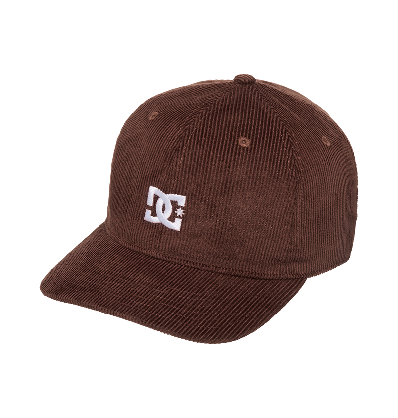 The Men's DC Cap Star Strapback by DC Shoes features brown corduroy, a curved brim, and a white embroidered DC logo on the front. Shown against a white background.