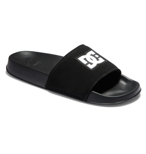 The Men's DC Slides by DC Shoes are black open-toe sandals with a wide strap featuring the white DC logo and star, plus a contoured footbed for comfort—ideal for casual wear or your gym bag.
